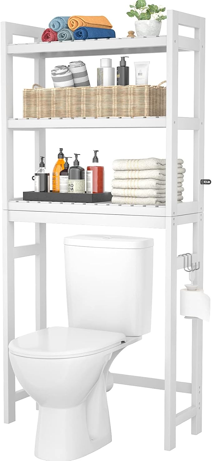 Homykic Over The Toilet Storage, Bamboo Over Toilet Bathroom Organizer Rack, Freestanding Bathroom Shelves Above Toilet Storage with 3 Hooks, Bathroom Space Saver, No Rust, Easy to Assemble, White