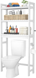 Homykic Over The Toilet Storage, Bamboo Over Toilet Bathroom Organizer Rack, Freestanding Bathroom Shelves Above Toilet Storage with 3 Hooks, Bathroom Space Saver, No Rust, Easy to Assemble, White