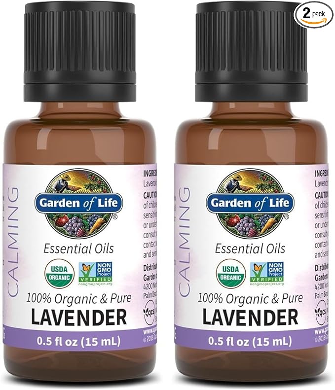 Garden of Life Essential Oil,Lavender0.5 fl oz (15 mL),100% USDA Organic&Pure,Clean,Undiluted&Non-GMO -for Diffuser, Aromatherapy, Meditation, Skincare, Sleep - Calming, Relaxing, Soothing (Pack of 2)