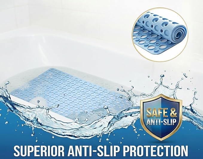Bath Tub Shower Mat, Extra Soft Long Bath Mat Non-Slip with Suction Cups, TPE Bath Mat for Kids, Machine Washable Bathroom Mat (Blue, 35 x 16 Inch)
