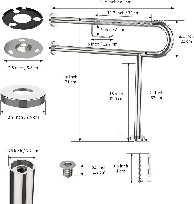 Toilet Grab Bar with Leg 31.5x28 Inch, ZUEXT Chrome Knurled Toilet Support Bar with Toilet Paper Holder,Stainless Steel Wall & Floor Mounted Bathroom Support Rail for Seniors Elderly Disabled Pregnant