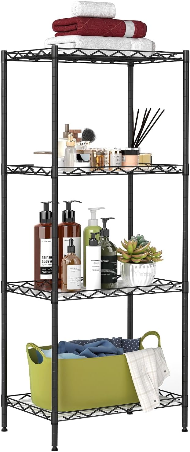 BestOffice | 4-Tier Wire Storage Shelves | 12"D x 18"W x 44"H | Black | with Adjustable Racks PP Liners | Compact Metal Shelf, Holds Upto 600 lbs | Ideal for Kitchens Closets Bathrooms Small Corners