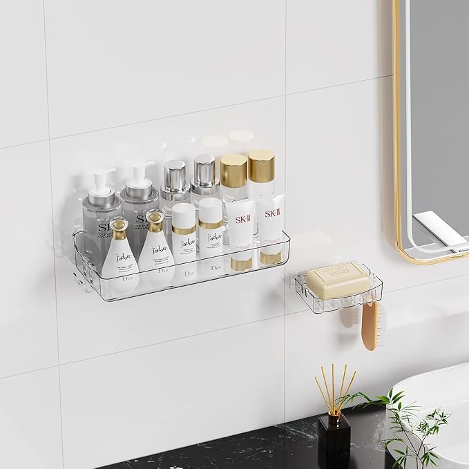 Sotfamily Clear Shower Caddies with Soap Dish & Adhesive Pads, 2 Packs | Acrylic Wall Mounted Shower Shelves for Bathroom Organizers and Storage, No Drill for Bathroom Decor