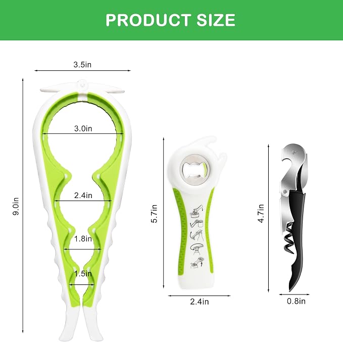 Jar Opener for Weak Hands, Seniors with Arthritis, 5 in 1 Multi Function Bottle Opener Lid Opener For Arthritic Hands with Corkscrew Wine Opener (green)