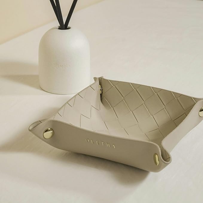 OLETHA Small Foldable Valet Tray - Aesthetic Desk Organizer for Home, Office & Travel - Portable Catch All Bowl for Keys, Jewelry & Essentials - Woven Textured, Beige