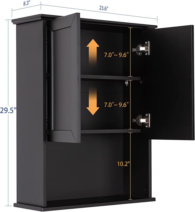VANIRROR Black Bathroom Wall Cabinet 23x29 inch Wooden Bathroom Medicine Cabinet with 2 Doors and Adjustable Shelf, Wall Mounted Cabinet Over Toilet Storage Cabinet | 2 Doors