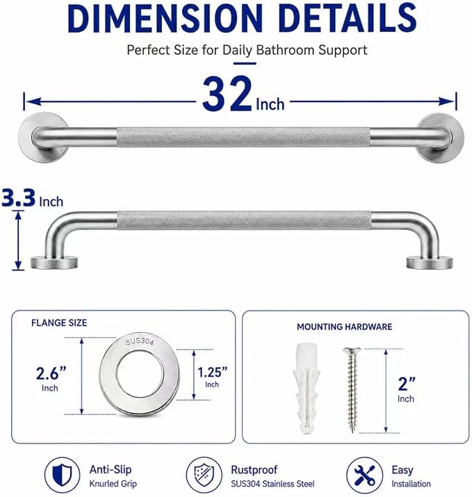 32 Inch Shower Grab Bar, Brushed Nickel Anti-Slip Bathroom Grab Bar with Knurled Grip, Stainless Steel Safety Handrail for Toilet Bathtub, Shower Handle Handicap Bars for Senior, Elderly, Pregnant