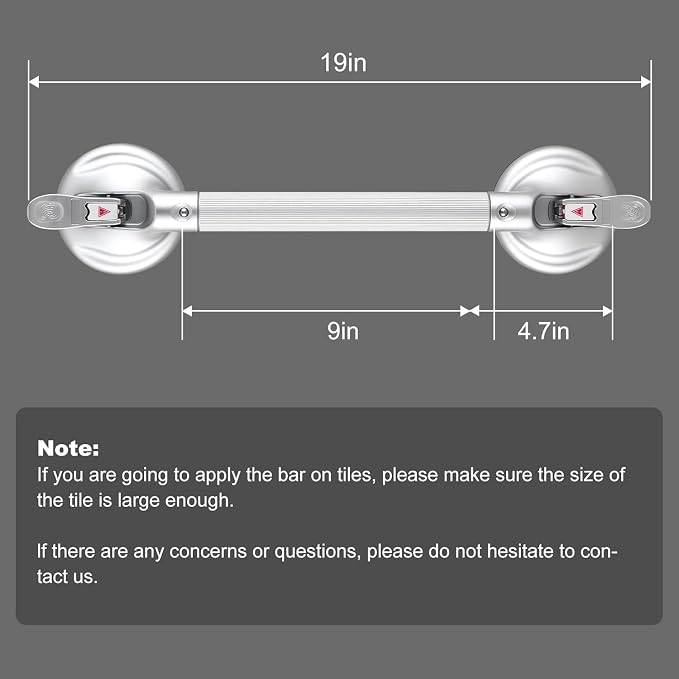 19-Inch Shower Handle - Upgraded Grab Bar with Strong Suction Cups for Bathtub & Shower Safety, Ideal for Seniors, Elderly, Disabled，Silver
