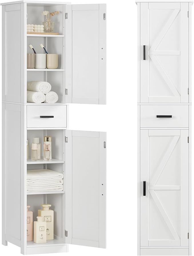 TEENFON 67 Tall Bathroom Cabinet with 6 Shelves & 1 Drawer, Narrow Storage Cabinet with Adjustable Shelves, Silm Cabinet for Living Room, Kitchen, White