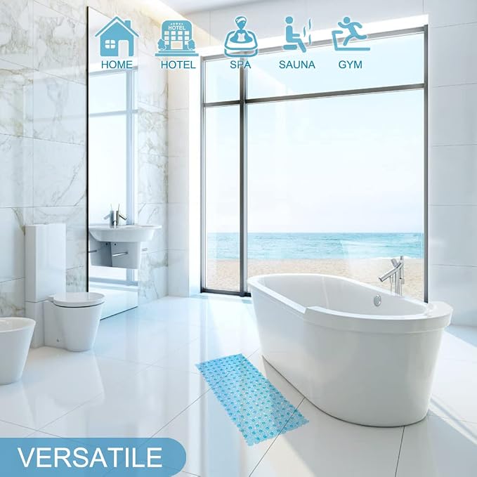 TEESHLY Bath Tub and Shower Mats, Non-Slip Pebble Bath Mat, 35 x 16 Inches Machine Washable Bathtub Mat with Drain Holes, Suction Cups for Bathroom (Clear Blue)