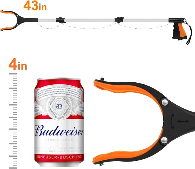 43" Extra Long Grabber Tool, Foldable Grabbers for Elderly Grab It Reaching Tool with Rotating Jaw +Magnets, 4" Wide Claw Opening Reacher Grabber Pickup Tool, Grabber Reacher Tool Heavy Duty