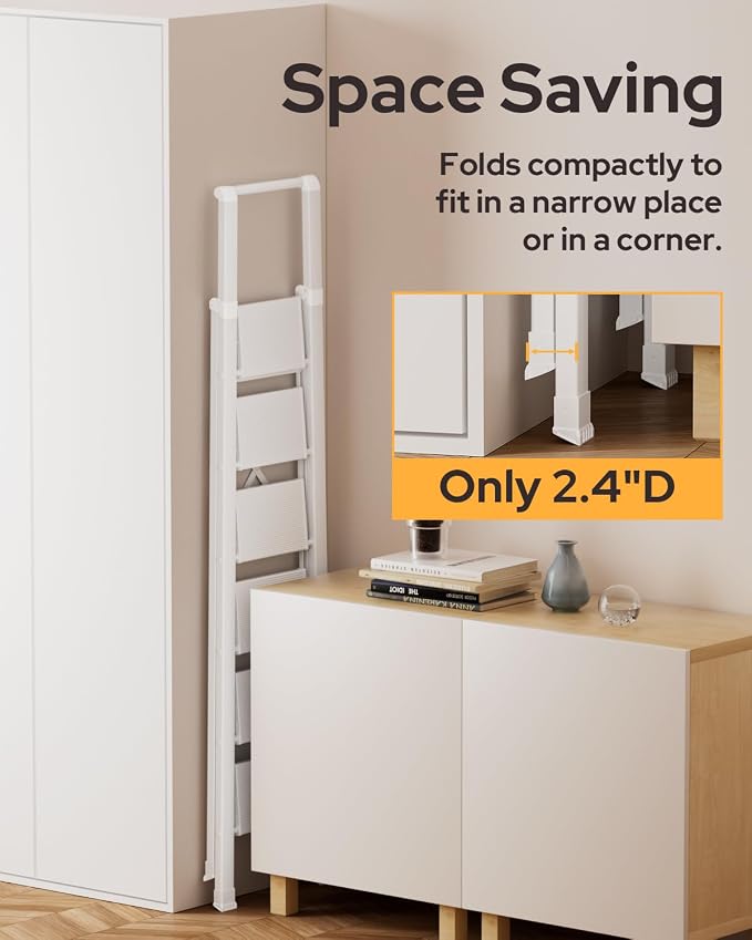 6 Step Ladder for 12 Feet High Ceiling, Lightweight Aluminum Folding Step Stool with Convenient Handgrip, Stepladders with Anti-Slip and Wide Pedal for Home Use Space Saving - White