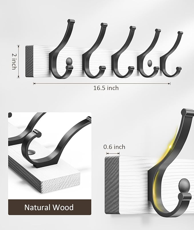 Optish Coat Rack Wall Mount, 16.5 Inches Wood Coat Hooks Wall Mount, Wall Coat Rack with 5 Hooks, Hat Rack Wall Hooks for Hanging Coat, Bag, Towel (2Pack, White)
