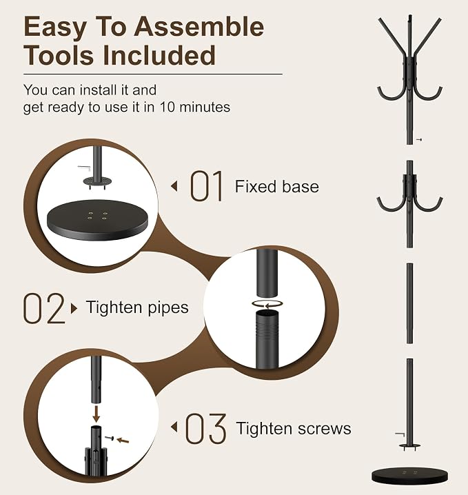 MISSLO Heavy Duty Coat Rack Freestanding with Stable Wood Base Metal Coat Tree with 12 Hooks Coats Hanger Stand Adjustable Clothes Tree for Jackets, Hats, Bags Standing Purse Rack for Bedroom, Office