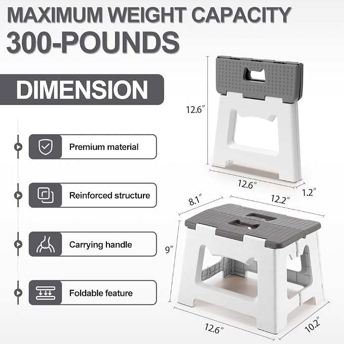 9'' Folding Step Stools for Kids and Adults, Hold Up to 300 lbs, Portable Foldable Step Stool for Toddlers, Plastic Small Collapsible Stepping Stools with Handle for Kitchen Bathroom (Gray)