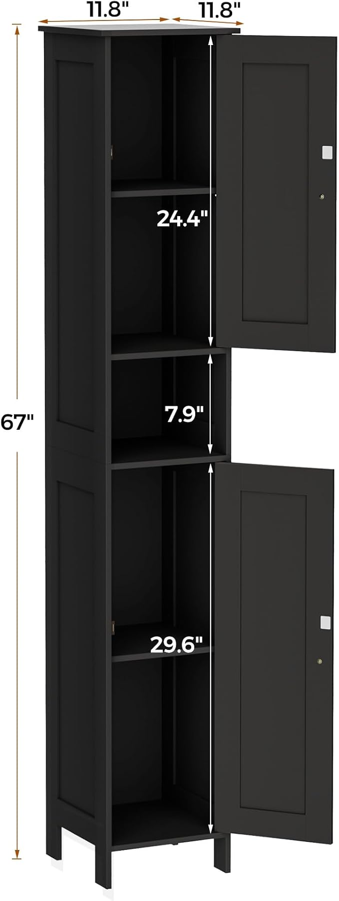 Homleke Tall Bathroom Storage Cabinet with 2 Doors, 67"H Narrow Storage Cabinet with Adjustable Shelves& Anti-Tip Design, Reversible Door Installation, Easy Assembly, 11.8 x 11.8 x 66.9 Inches, Black