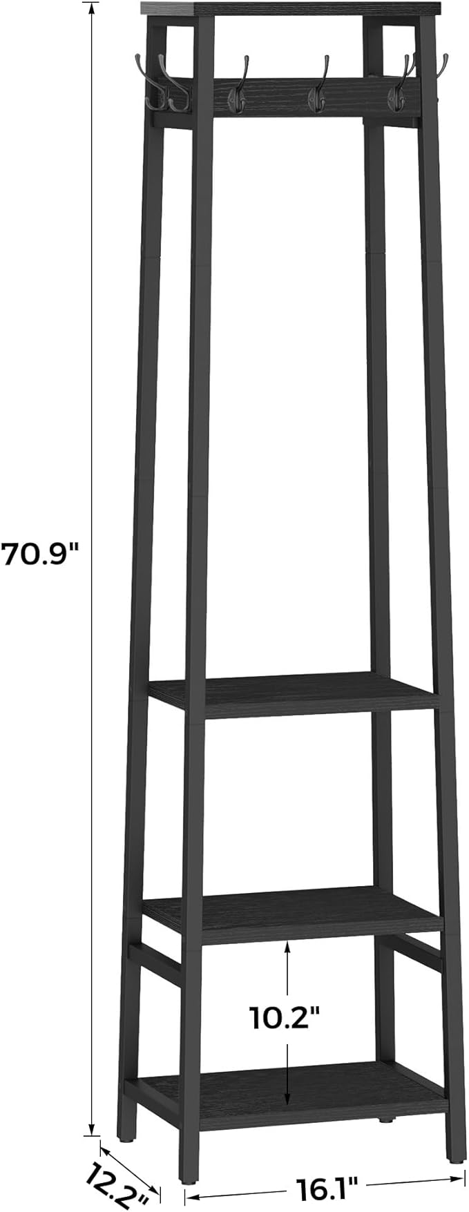 Coat Rack Freestanding, Coat Stand with 3 Shelves and 7 Hooks, Hall Tree Free Standing, Clothes Rack Stand Organizer for Bedroom, Hallway, Entryway, Living Room, Industrial Style, Black