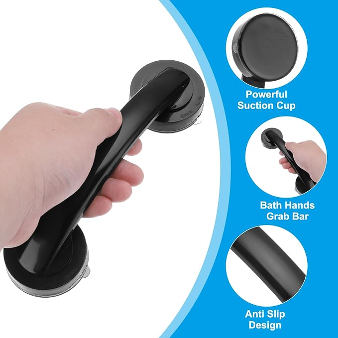 uxcell Grab Bars for Bathtubs and Showers, 9.1" Mirror Glass Door and Window Handles Powerful Shower Suction Cup Anti-Slip Safety Bars for Senior Shower Chairs Black