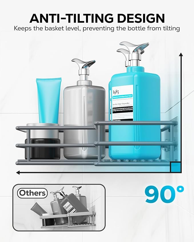 Nieifi Adhesive Corner Shower Caddy Shelf Basket Rack with Hooks, Rust Proof Stainless Steel Bathroom Shelf Shampoo Holder No Drilling (Gray)