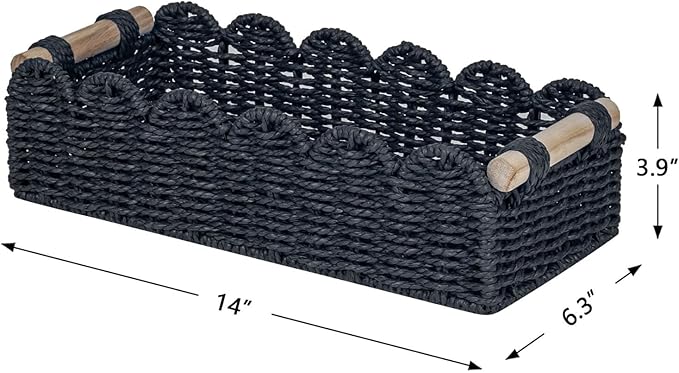CubesLand Toilet Paper Storage Basket Scalloped Edge Home Decor Basket, Living Room Cozy Decor, Paper Rope Small Baskets for Over Toilet Storage Shelf, End Table, Shelves, with 2 Wooden Handles, Black
