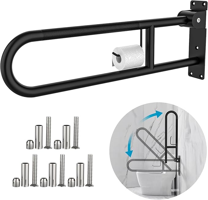Toilet Grab Bar 32 Inch Black, Munzong Anti-Slip Handicap Grab Bars with Paper Holder, Flip-Up Bathroom Safety Rails, Stainless Steel Knurled Support handrails for Seniors Elderly Disabled Pregnant