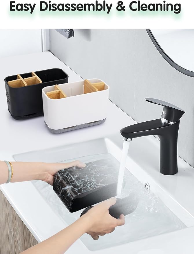 GFWARE Marble Toothbrush Holders, 5 Slots Bamboo Toothbrush and Toothpaste Holder for Bathroom Counter with Drainage, Kids Electric Toothbrush Organizer, Black Toothbrush Holders for Bathrooms