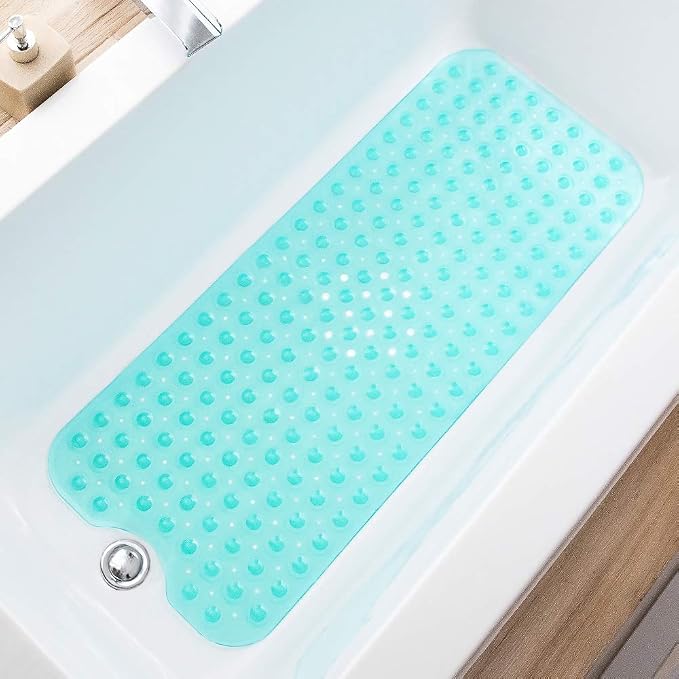 TEESHLY Bathtub Mats for Shower Tub, Extra Long Non-Slip 39 x 16 Inch Bath Mat with Drain Holes and Suction Cups, BathMat for Bathroom with Machine Washable (Clear Turquoise)