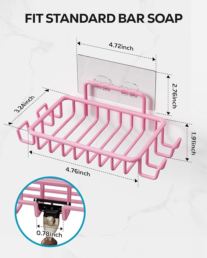 Nieifi Bar Soap Holder for Shower Wall with 4 Hooks, Stainless Steel Adhesive Soap Dish for Bathroom, Pink