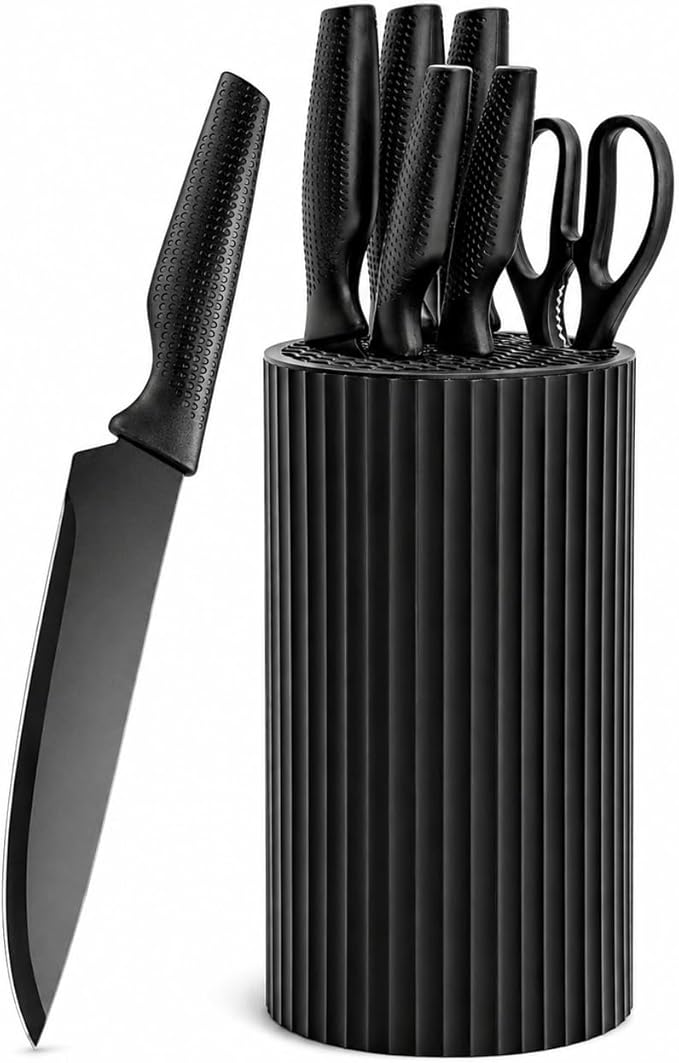Small Knife Block Set, Modern Kitchen Knife Scissors with Universal Round Holder, Home Apartment New Kitchen Essentials, Space Saving, Dishwasher Safe(Black, 7PCS)