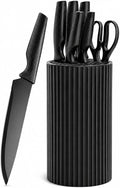 Small Knife Block Set, Modern Kitchen Knife Scissors with Universal Round Holder, Home Apartment New Kitchen Essentials, Space Saving, Dishwasher Safe(Black, 7PCS)