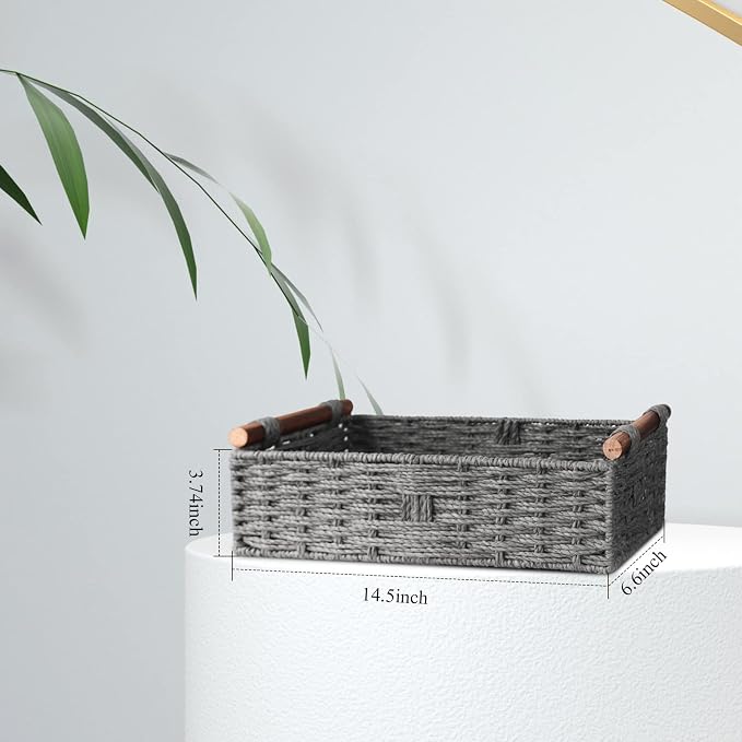 Round Paper Rope Storage Basket Wicker Baskets for Organizing with Handle Decorative Storage Bins for Countertop Toilet Paper Basket for Toilet Tank Top Small Baskets Set,Grey