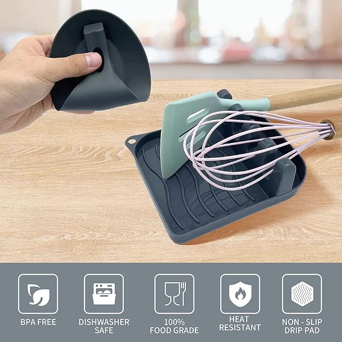2 Pack Multiple Utensil Spoon Rest with Drip Pad Non-Slip Heat Resistant Kitchen and Grill Spoon Holder for Spatula, Ladle, Tongs, Kitchen Gadgets, and Cooking Accessories (Silver Gray)
