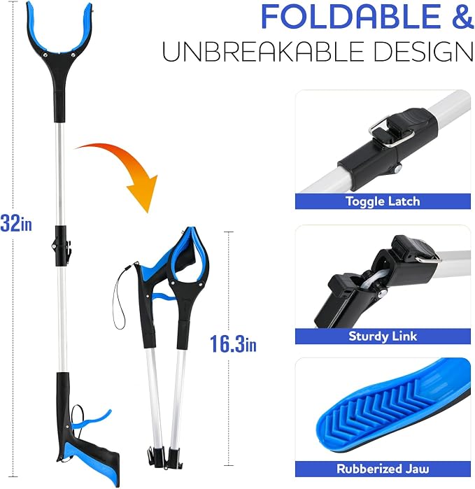 Grabber Reacher Tool,32 Inch Extra Long Foldable Pick Up Stick with Buckle and Rope and with Strong Grip Magnetic,360°Rotating Anti-Slip Jaw,Trash Picker Tool for Outdoor & Indoor (Blue)