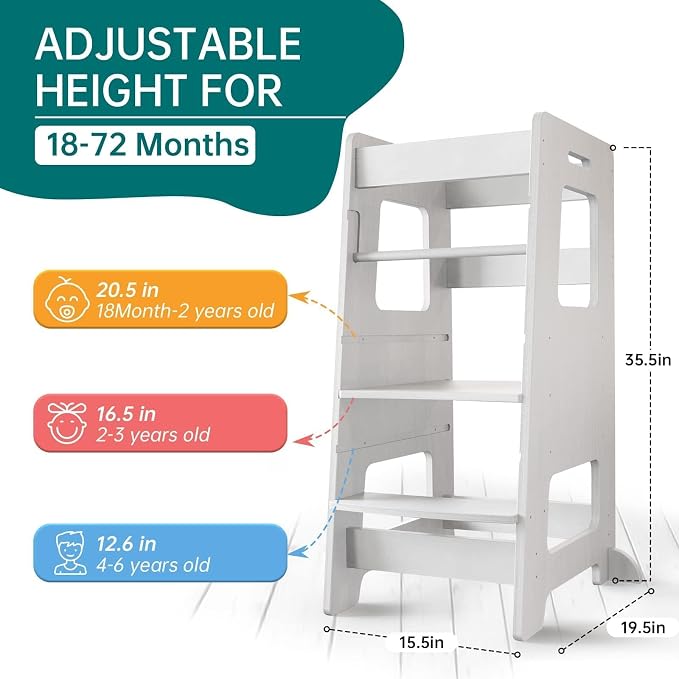 Kitchen Step Stool, WOOD CITY Toddler Kitchen Stool Helper with Safety Rail, Height Adjustable Child Standing Tower Learning Stool for Counter and Bathroom Sink (White)