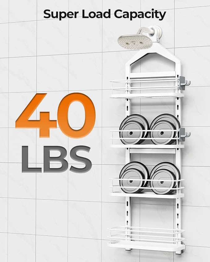 ODesign 4 Tier Height-Adjustable Shower Caddy Hanging Anti-Swing-Over The Shower Head Caddy-Storage Organizer Bathroom Shelves Basket-White