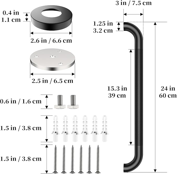 Matte Black Grab Bar 24 Inch, iHansee Anti-Slip Bathroom Grab Bar w/Knurled Texture Grip, Stainless Steel Safety Handrail for Toilet Bathtub, Wall-Mount Shower Handle Handicap Bars for Senior Elderly