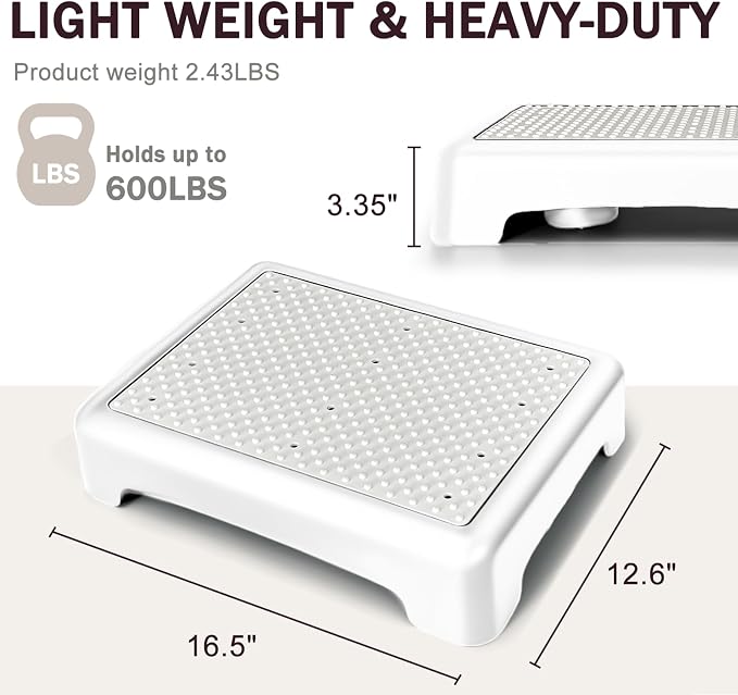 Bed Step for High Beds Adults - 3.35" Barefoot-Comfortable TPE Soft Pad Mobility Step Stool for Seniors & Post Surgery, 600lb Heavy Duty Anti-Flip Step for Car, SUV, RV & Bathroom (White-Grey)