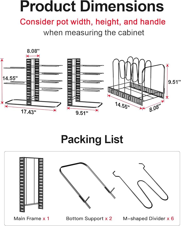 MUDEELA Pots and Pans Organizer Rack under Cabinet 14.55in Height, 8-Tiers Adjustable Pot Rack with 3 DIY Methods, Pot Lid Organizer inside Cabinet for Kitchen Pantry Organization and Storage