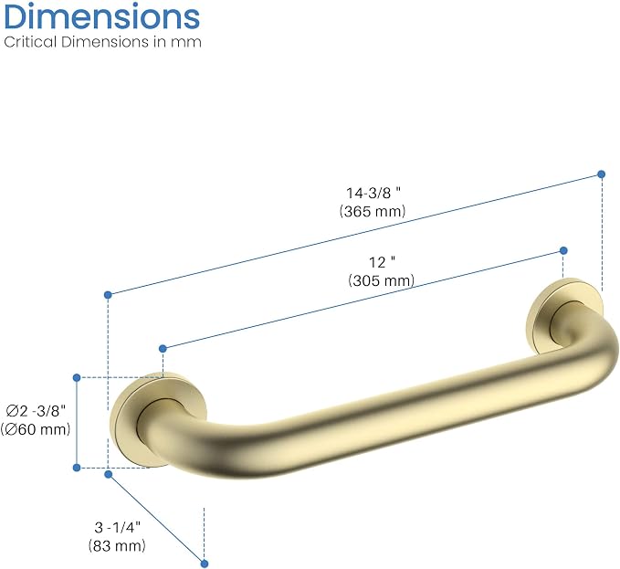 KIBI 12 Inch Stainless Steel Bathroom Safety Grab Bar | Curved Shaped Grab Bar for Bathtubs and Showers, Shower Safety Grab Bars for Seniors, Wall Mounted Anti-Slip Support (Brushed Gold, KGB1012)