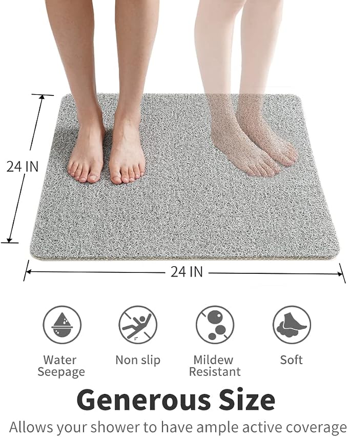 Non Slip Shower Mat, Comfortable Bath mat for Textured Surface,Quick Drying Easy Cleaning Shower Floor Mat for Wet Area,Without Suction Cups 24x24 Lightgrey