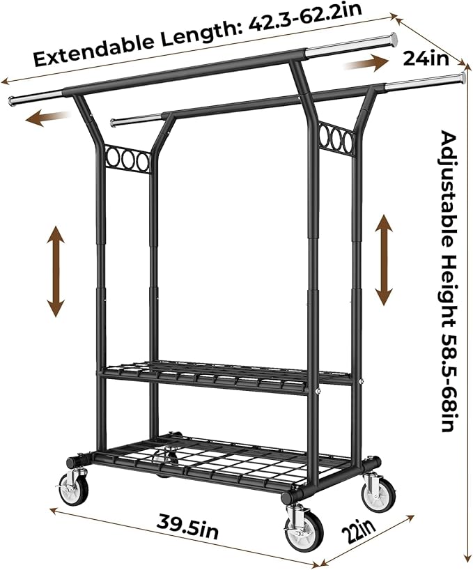 HYSEYY Heavy Duty Clothes Rack, Rolling Clothing Rack With Shelves Load 620 LBS, Double Rod Clothing Racks for Hanging Clothes, Portable& Adjustable Clothes Rack with Wheels,Black