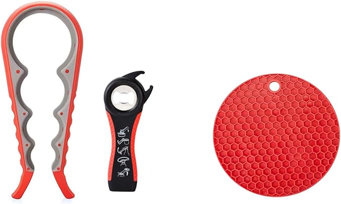 3-Piece Jar & Bottle Opener Set for Seniors, Non-Slip Silicone Grip Mat, Ergonomic Kitchen Gadget (red and grey)