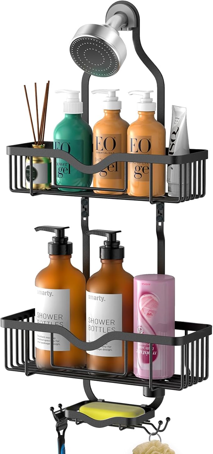 Shower Caddy Hanging, Bathroom Organizer Rack, Shower Rack with Soap Dish, Over The Showerhead Caddy with Hooks for Razor/Sponge, Matte Black (Assembly Required)