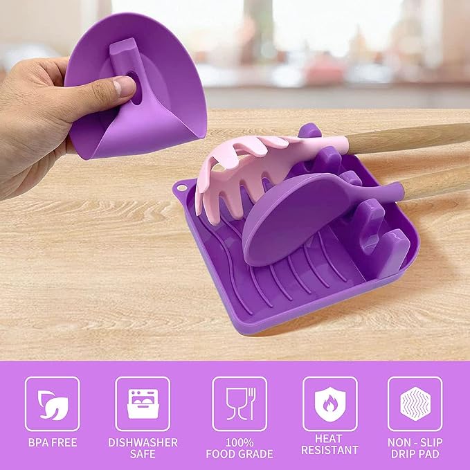 2 Pack Multiple Utensil Spoon Rest with Drip Pad Non-Slip Heat Resistant Kitchen and Grill Spoon Holder for Spatula, Ladle, Tongs, Kitchen Gadgets, and Cooking Accessories (Noble Purple)
