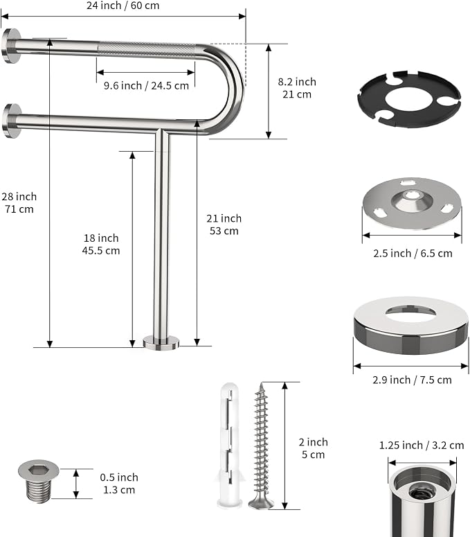 Toilet Support Rail 24X 28 Inch, Munzong Anti-Slip Chrome Handicap Grab Bar for Bathroom, Stainless Steel Knurled Safety handrails with Leg for Elderly Disabled Pregnant-1.25’Tube