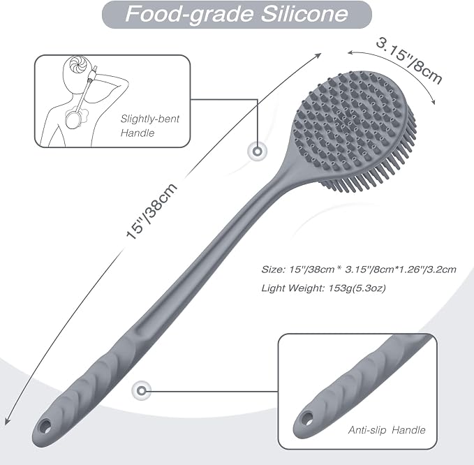 Manmihealth Silicone Back Scrubber(Thick Bristles) & Soft Bath Glove Set, Super-Exfoliating Body Scrubber & Super-Lathering Shower Brush Combination, with a Free Hook.(Gray)