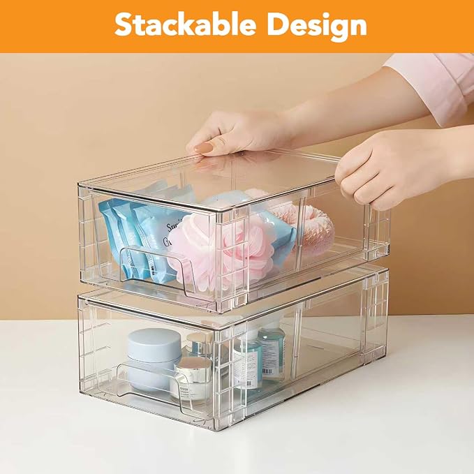 2 Pack Stackable Storage Drawers,Plastic Organizers Bins, Drawers Storage with Handles and Movable Dividers for Organization and Storage in Fridge,Bathroom, Pantry, Kitchen Cabinets, Under Sink