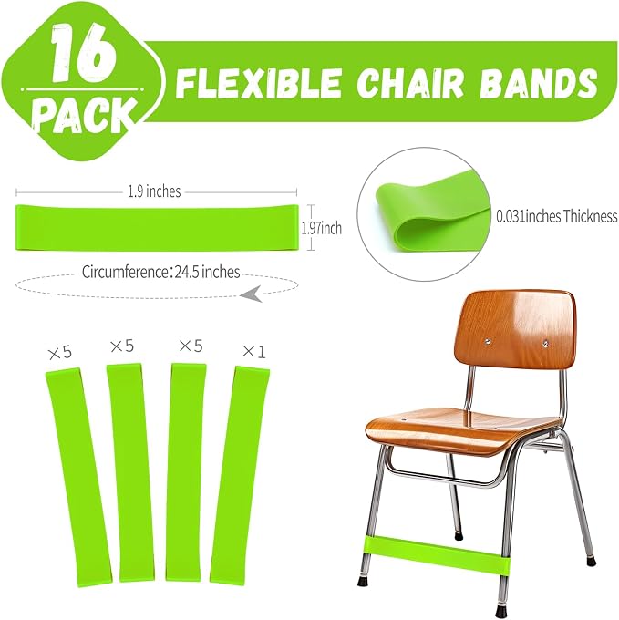 16 Pack Chair Bands for Kids with Fidgety Feet, ADHD Tools for Kids, Improve Focus & Reduce Restlessness, Chair Bands for Sensory ADHD ADD Autism - Classroom & Home Must Haves (Green)