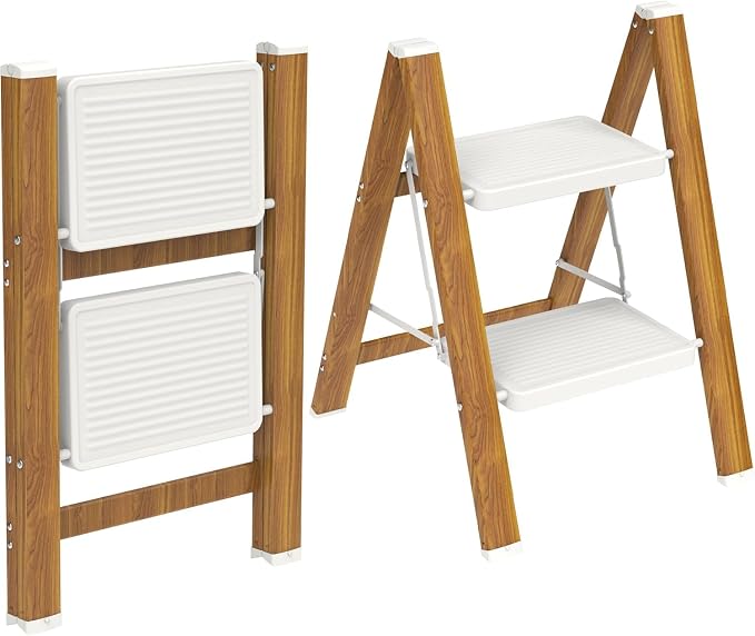 HBTower Step Ladder,Lightweight Aluminum Folding Step Stool with Anti-Slip Wide Pedal,330lbs Capacity Step Ladder for Household,Kitchen,Office - WhiteWoodgrain