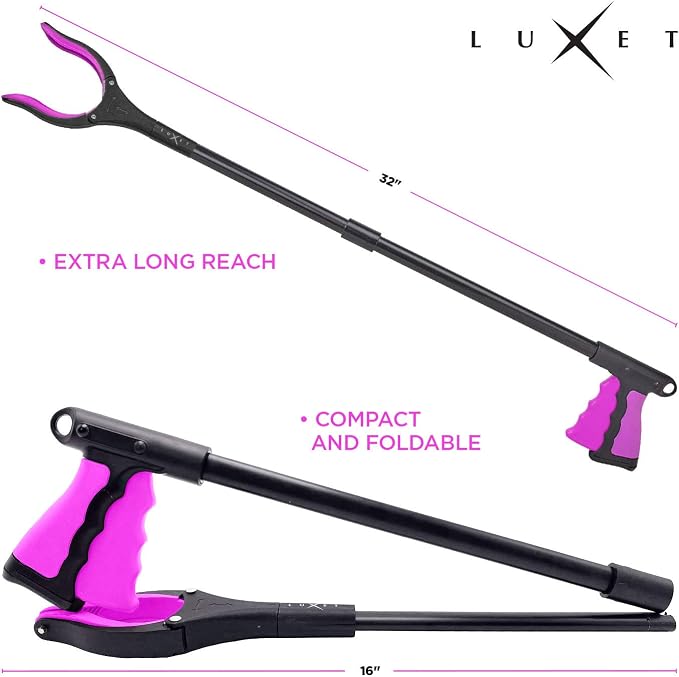Grabber Reacher Tool - Long 32 Inch (Pink) Aluminum Foldable Pick Up Stick - Strong Grip Magnetic Tip for Store Shelves, Lightweight Trash Picker Claw Reacher Grabber Tool for Elderly - by Luxet